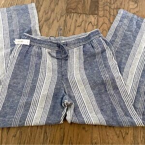 NEW Old Navy Linen Blue & White Striped Drawstring Wide Leg Pants Medium